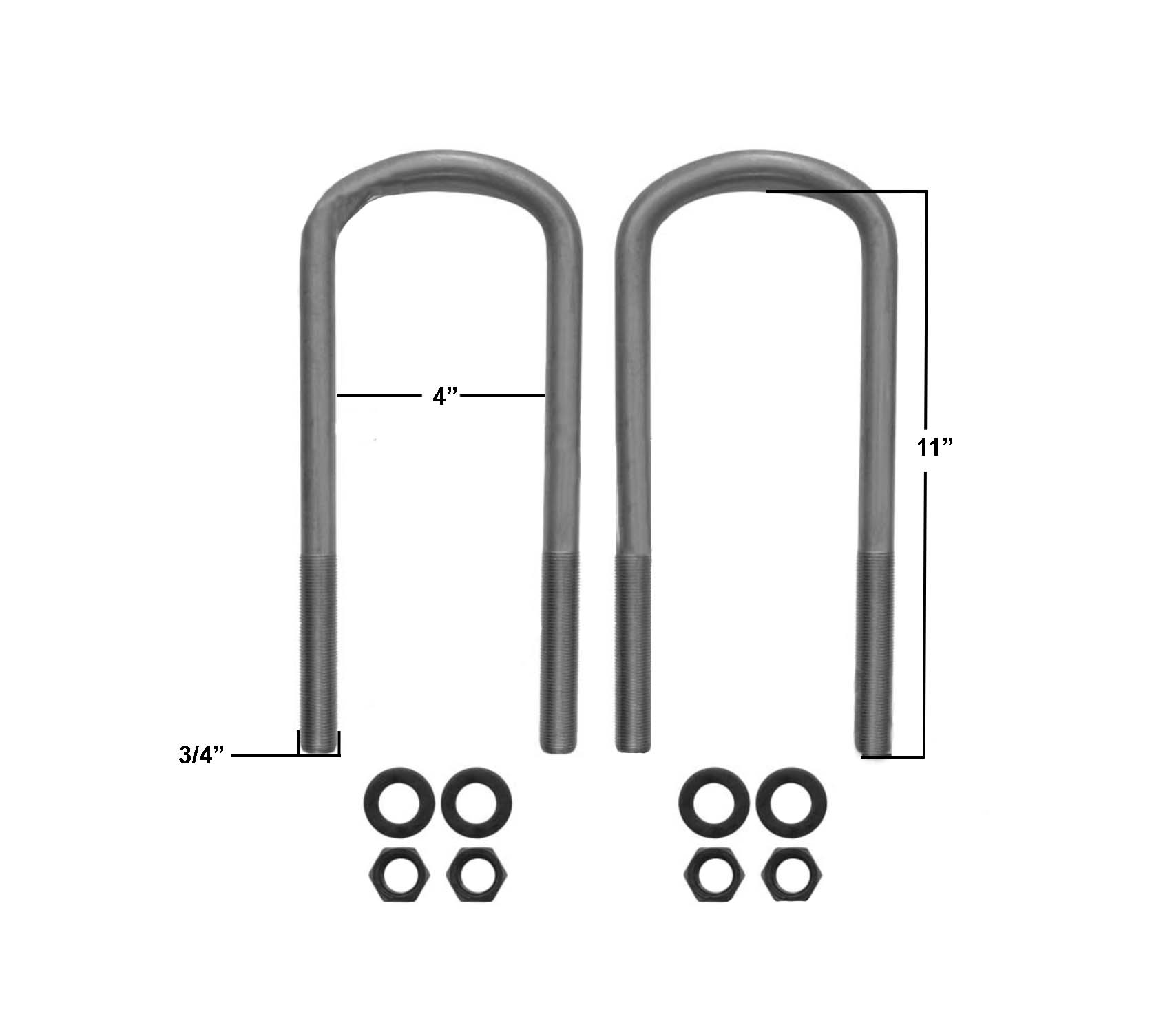 U-Bolt Kit - 3/4" Diameter - 4" Semi Round - 11" Leg Length Length - Part Number AUBK8754-102