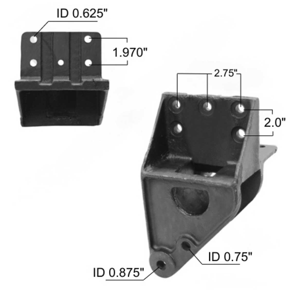 Freightliner leaf spring hanger M1598 measurements.