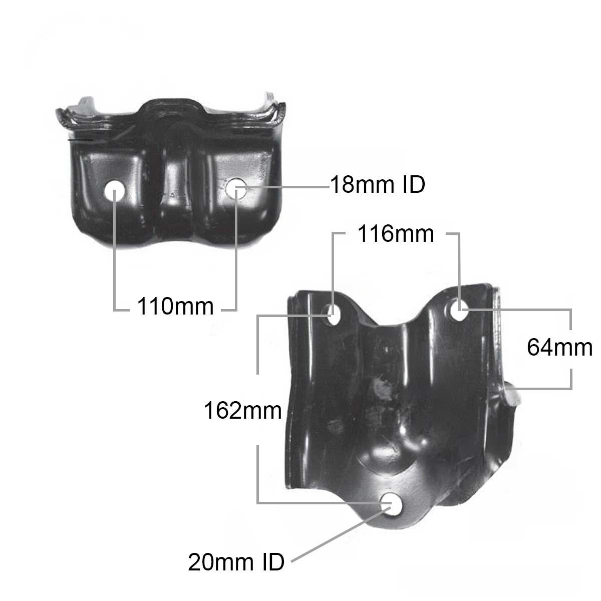 International and Ford leaf spring hanger MIH55593 measurements.